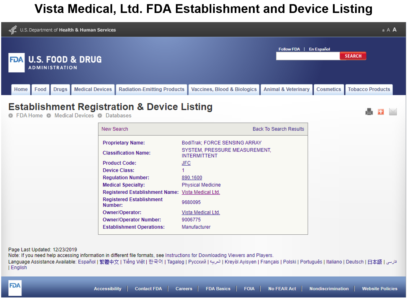 Vista Medical FDA Device Listing
